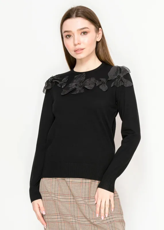 Black Crewneck Sweater with Petal Detail sold by Lord & Taylor