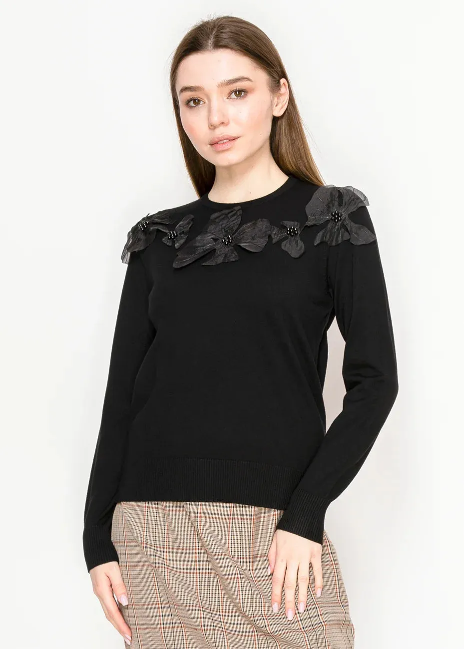 Black Crewneck Sweater with Petal Detail sold by Lord & Taylor