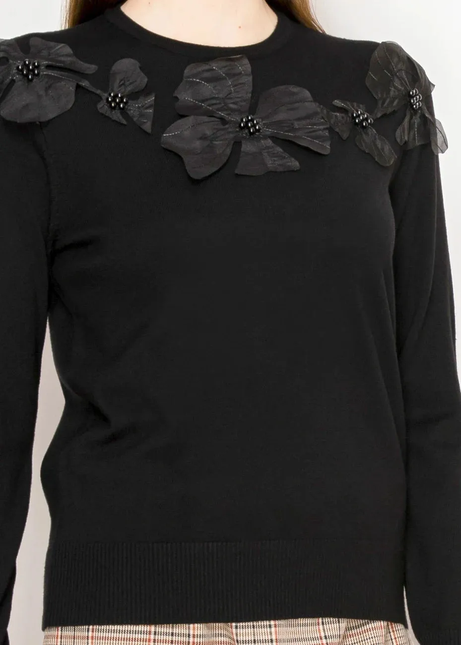 Black Crewneck Sweater with Petal Detail sold by Lord & Taylor product image thumbnail 4