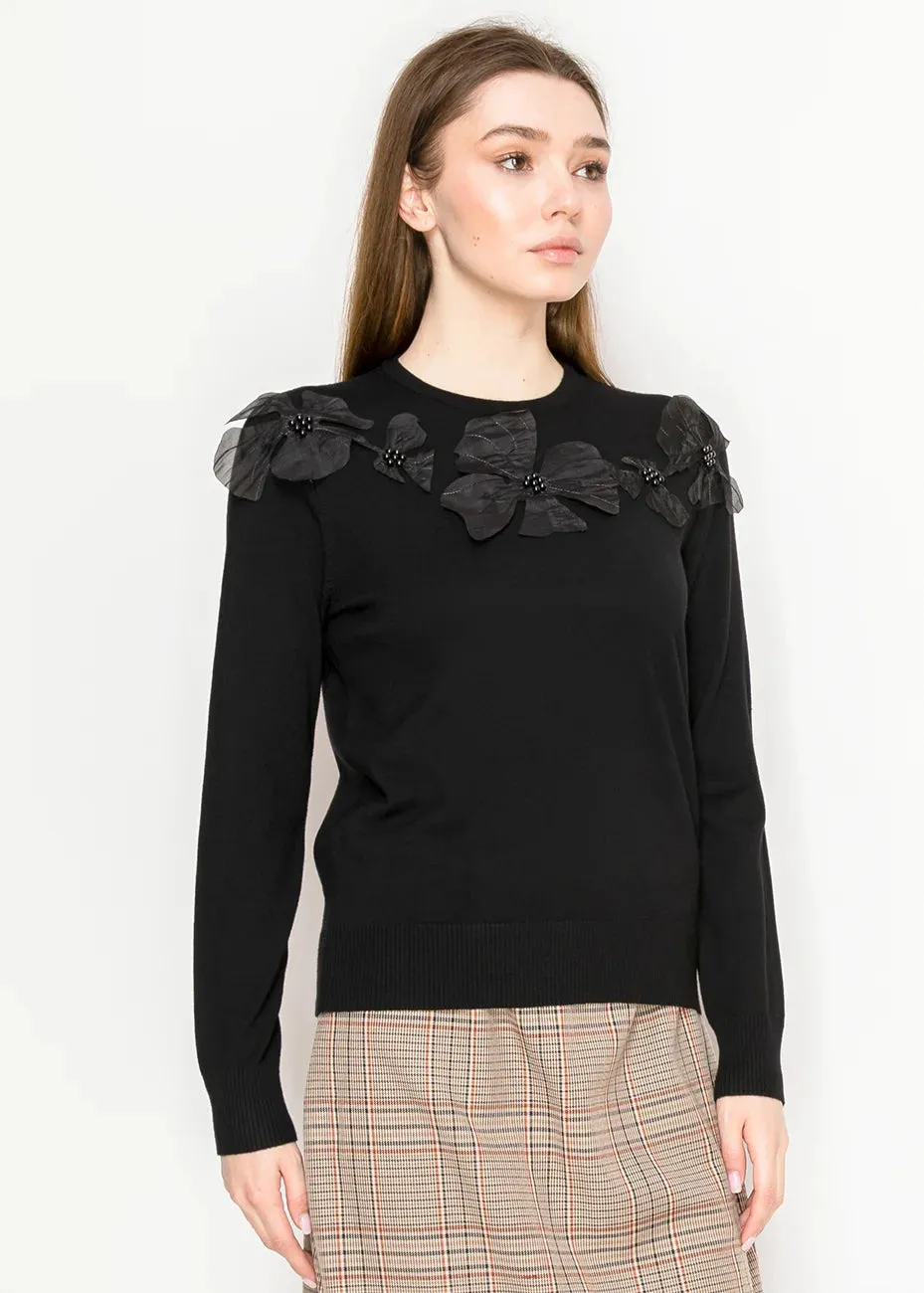 Black Crewneck Sweater with Petal Detail sold by Lord & Taylor product image thumbnail 2
