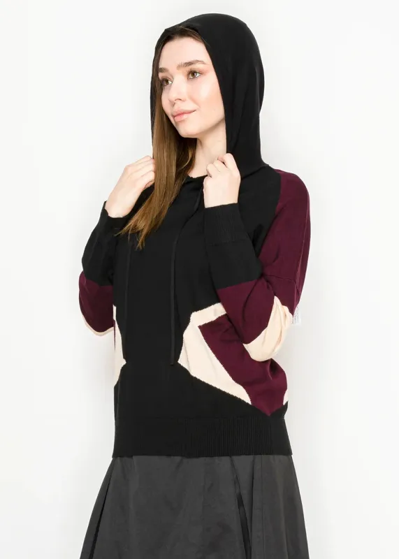 Black and Burgundy Paneled Knit Hoodie sold by Lord & Taylor