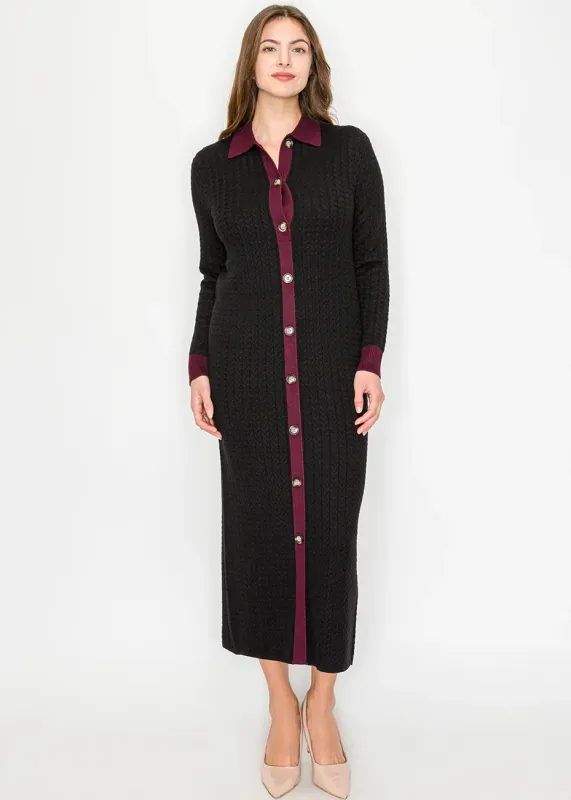 Black Cable Knit Maxi Dress with Burgundy Trim sold by Lord & Taylor