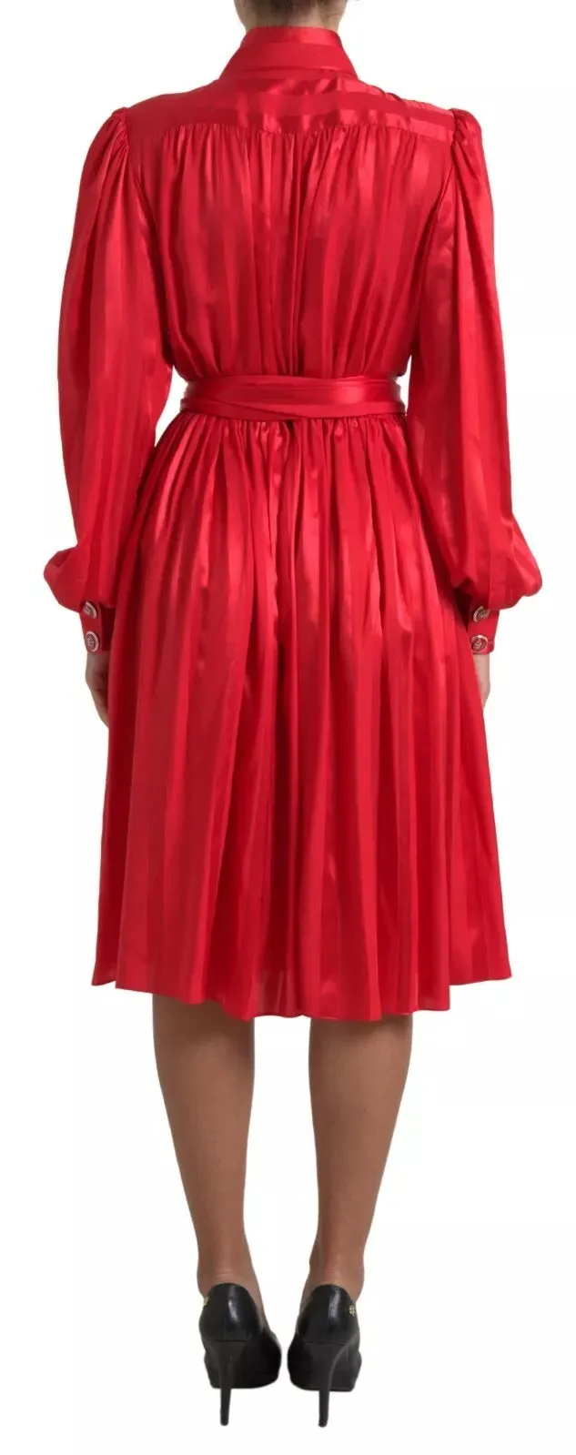 Red Button Down Belted Midi Satin Silk Dress sold by Lord & Taylor product image thumbnail 4