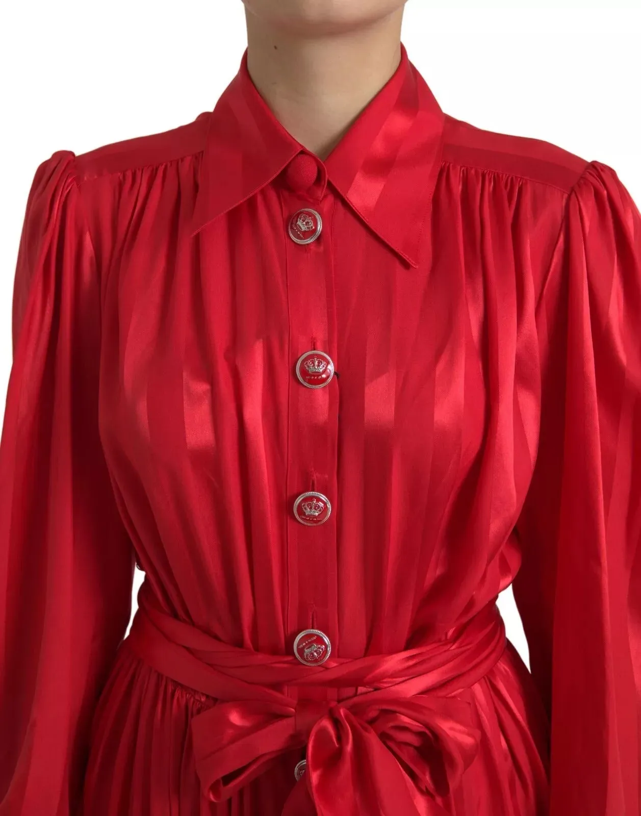 Red Button Down Belted Midi Satin Silk Dress sold by Lord & Taylor product image thumbnail 5
