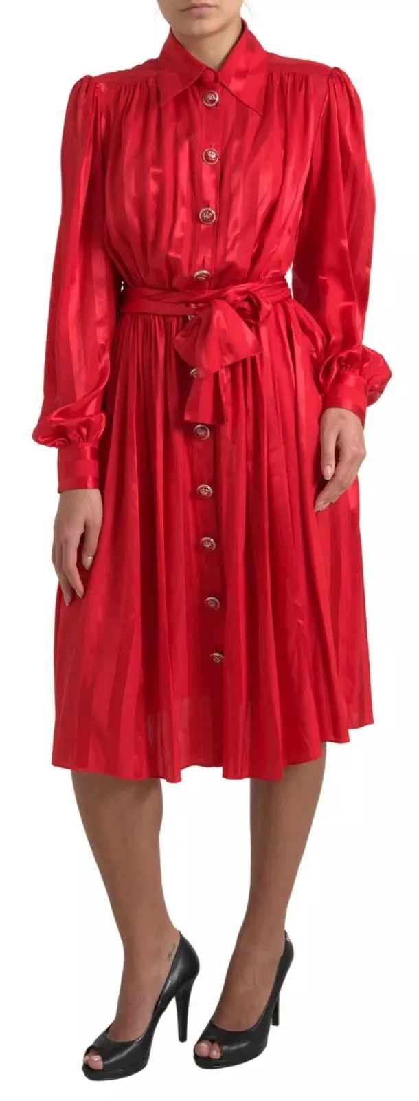Red Button Down Belted Midi Satin Silk Dress sold by Lord & Taylor product image thumbnail 2