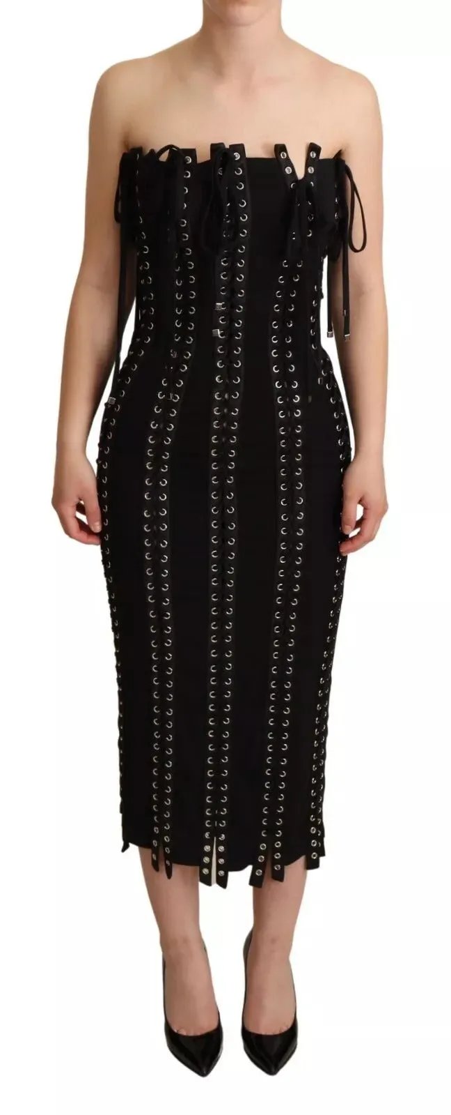 Black Cady Sleeveless Lace Up Bodycon Dress sold by Lord & Taylor