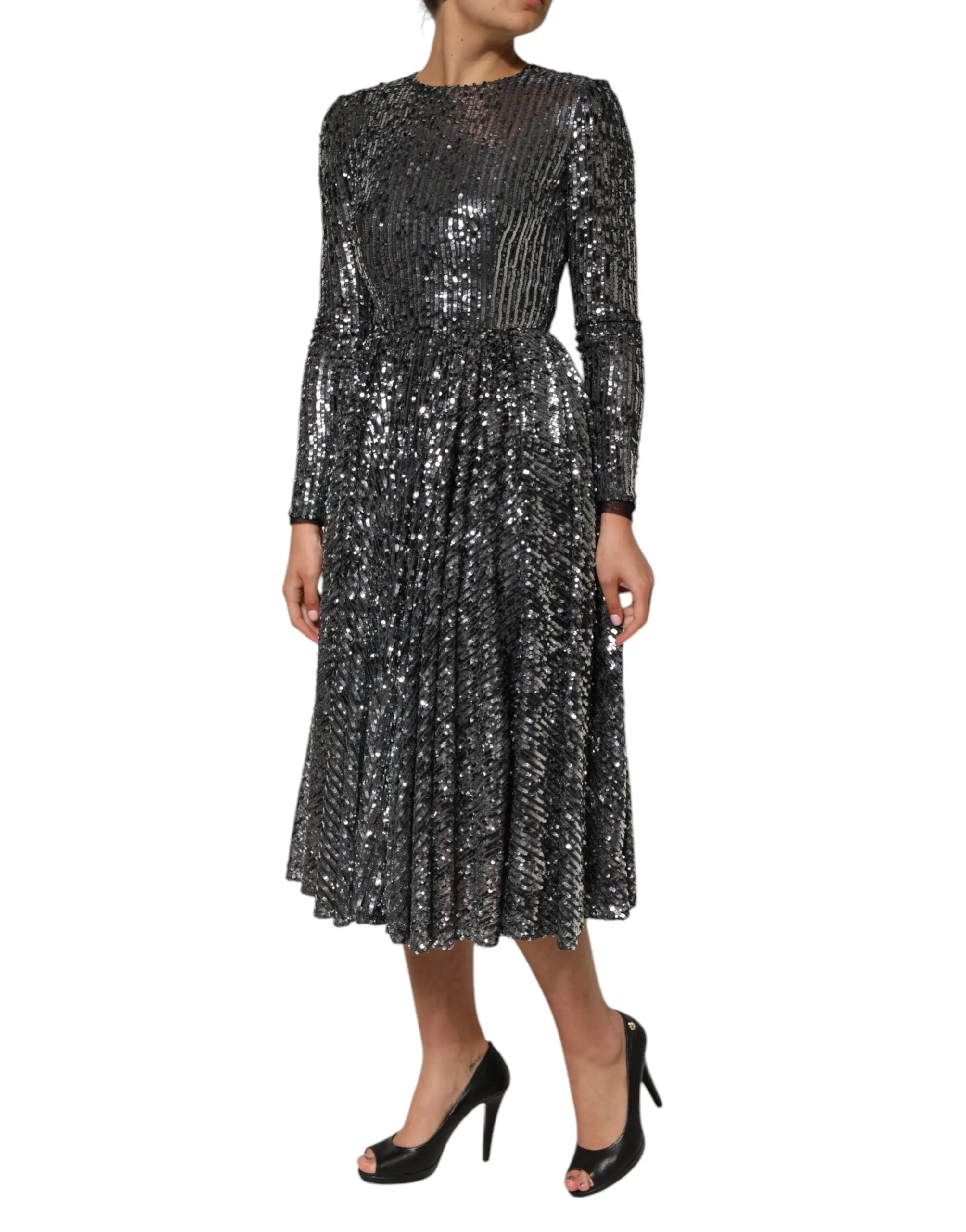 Black Sequined Long Sleeves Midi A-line Dress sold by Lord & Taylor product image thumbnail 3