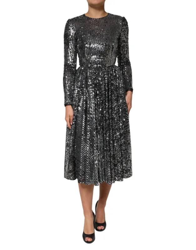 Black Sequined Long Sleeves Midi A-line Dress sold by Lord & Taylor