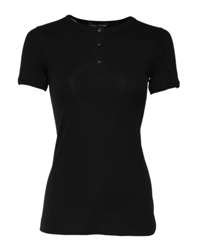 Black Cotton Henley Short Sleeves Top T-shirt made by Lord & Taylor