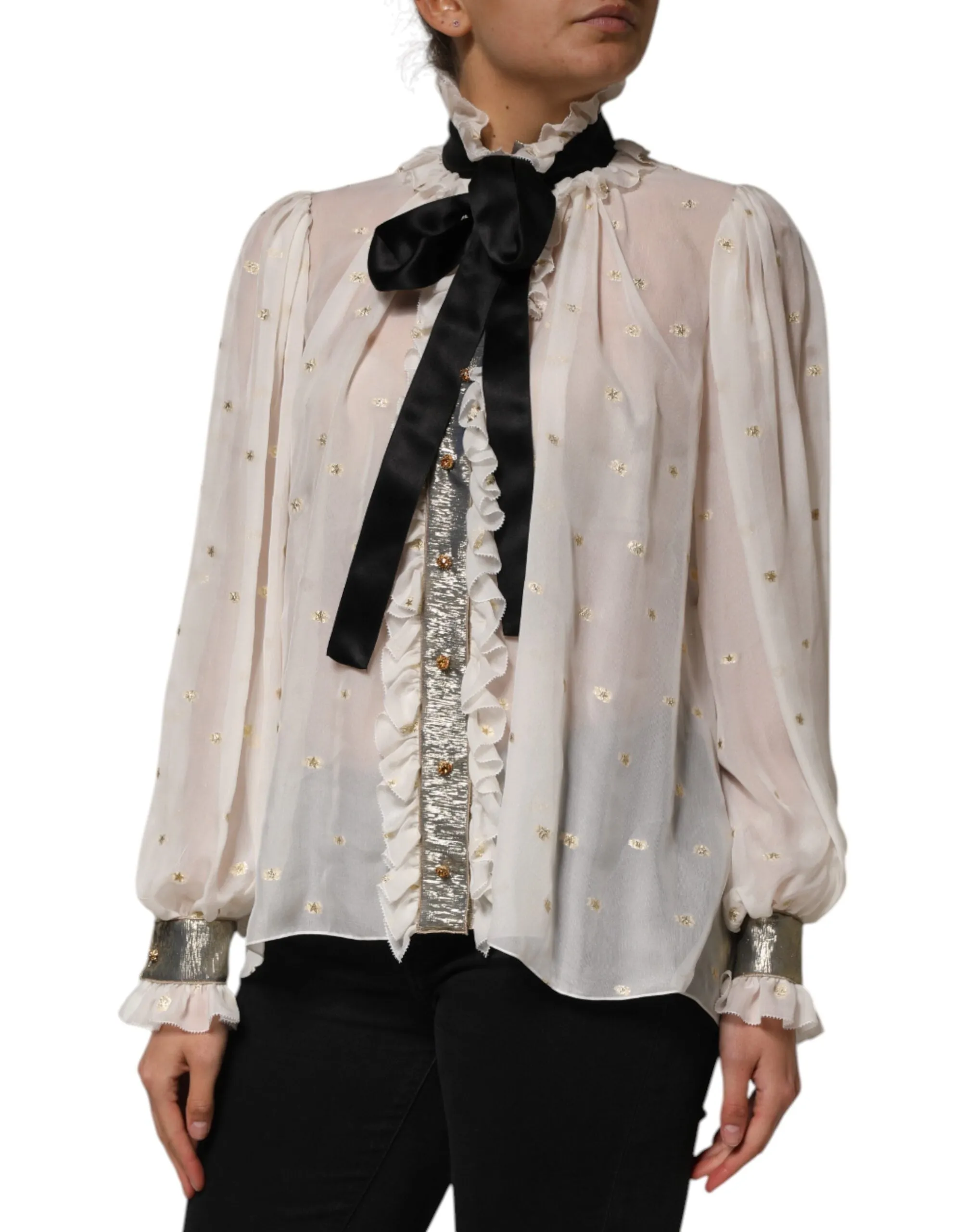 White Black Silk Long Sleeve Ascot Collar Top sold by Lord & Taylor product image thumbnail 3