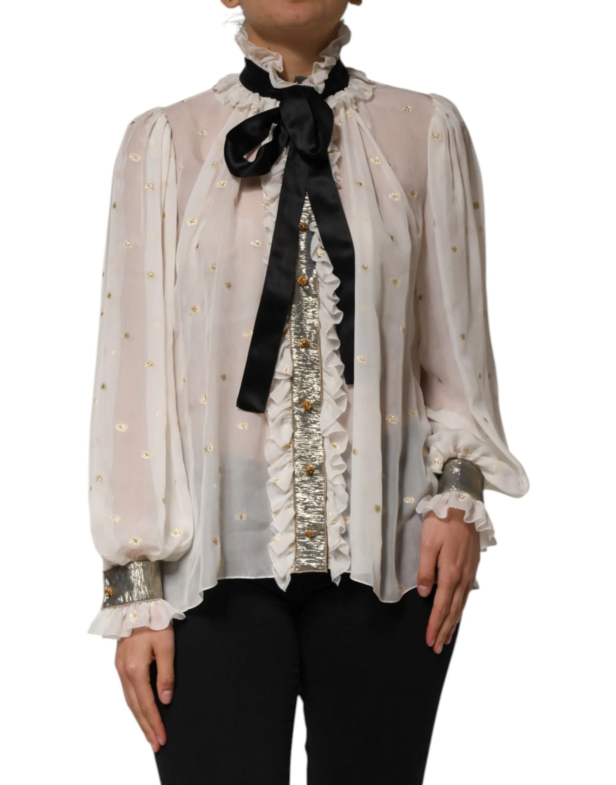 White Black Silk Long Sleeve Ascot Collar Top sold by Lord & Taylor product image thumbnail 2