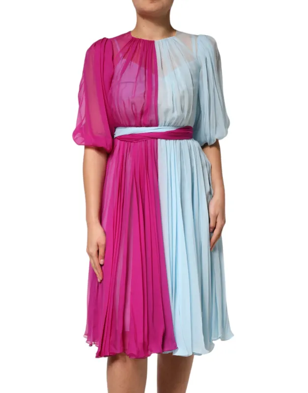 Fuchsia Light Blue Silk Two Tone Midi Dress sold by Lord & Taylor