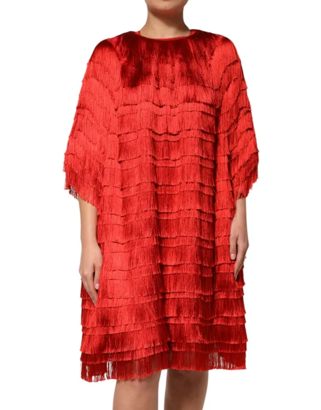 Red Silk Tiers Fringe Shift Knee Length Dress sold by Lord & Taylor