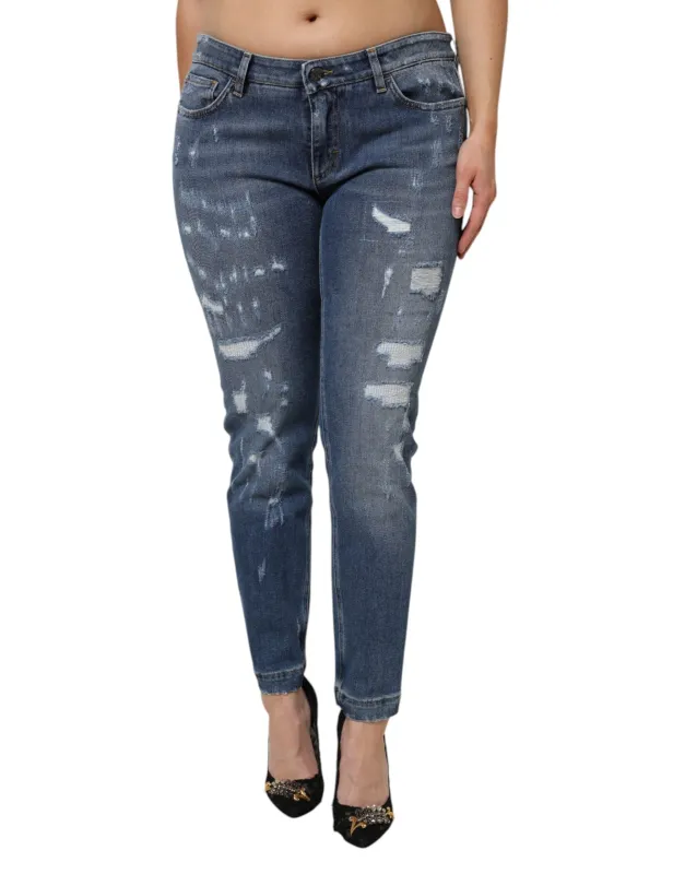 Blue Tattered Cotton Low Waist Denim Jeans sold by Lord & Taylor