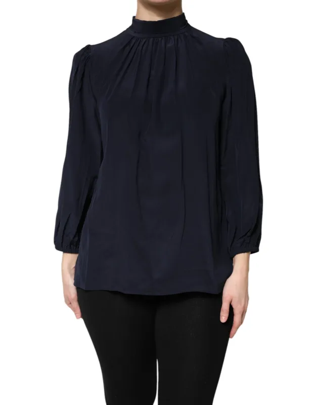 Blue Silk Mock Neck Long Sleeves Blouse Top sold by Lord & Taylor