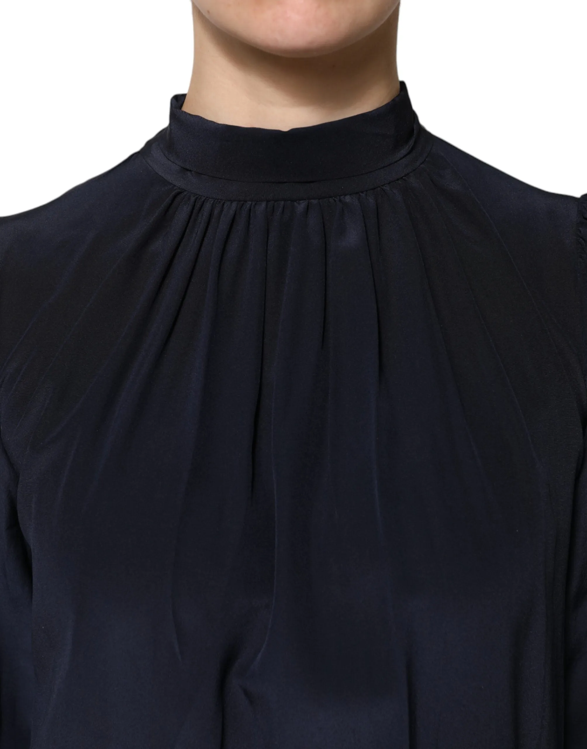 Blue Silk Mock Neck Long Sleeves Blouse Top sold by Lord & Taylor product image thumbnail 5