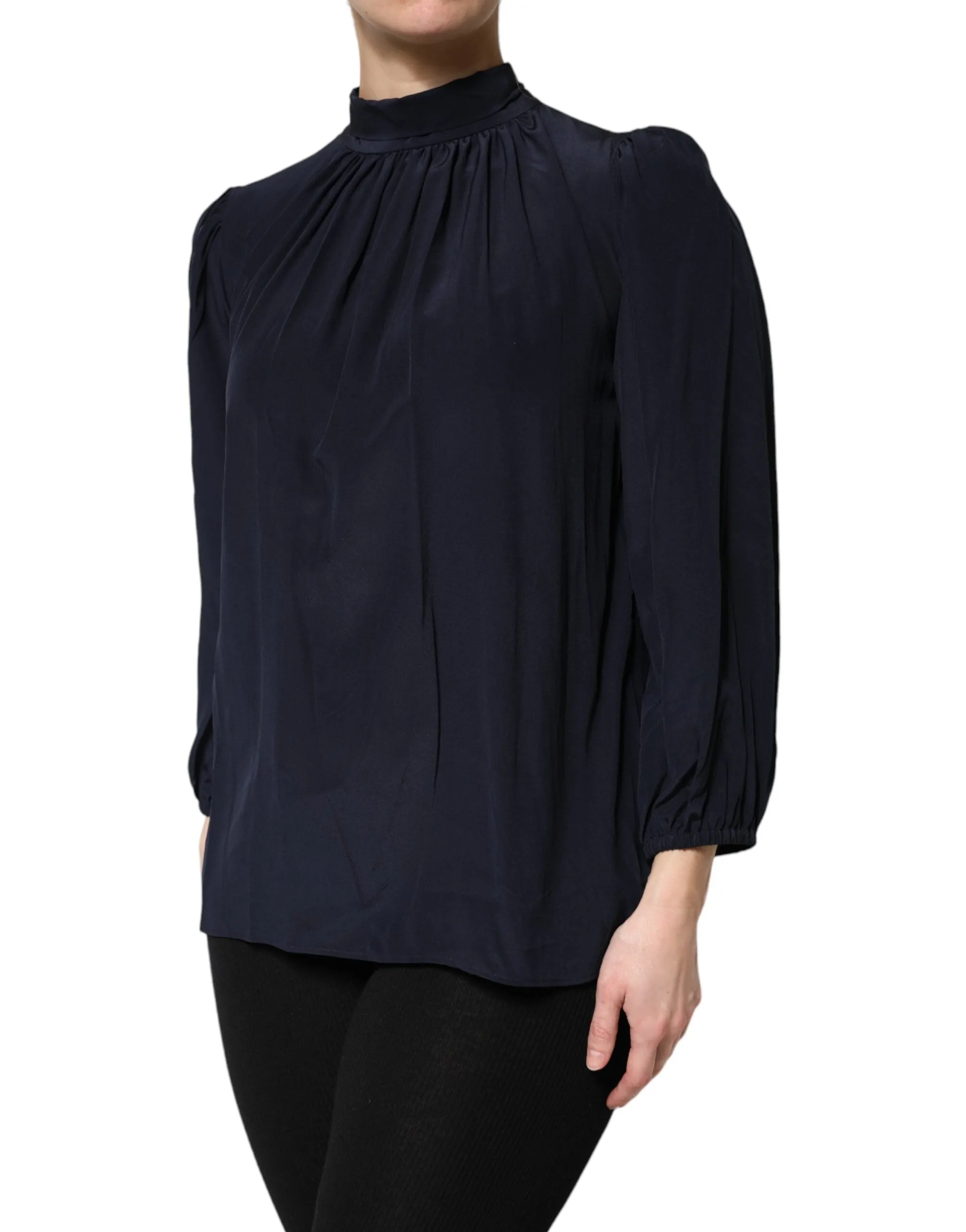 Blue Silk Mock Neck Long Sleeves Blouse Top sold by Lord & Taylor product image thumbnail 3