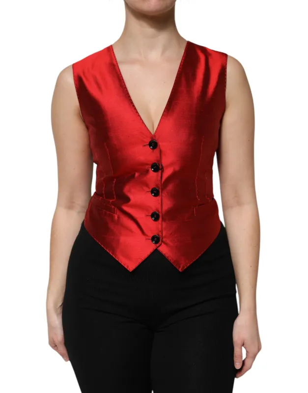 Red Black Button Down Sleeveless Vest Top sold by Lord & Taylor
