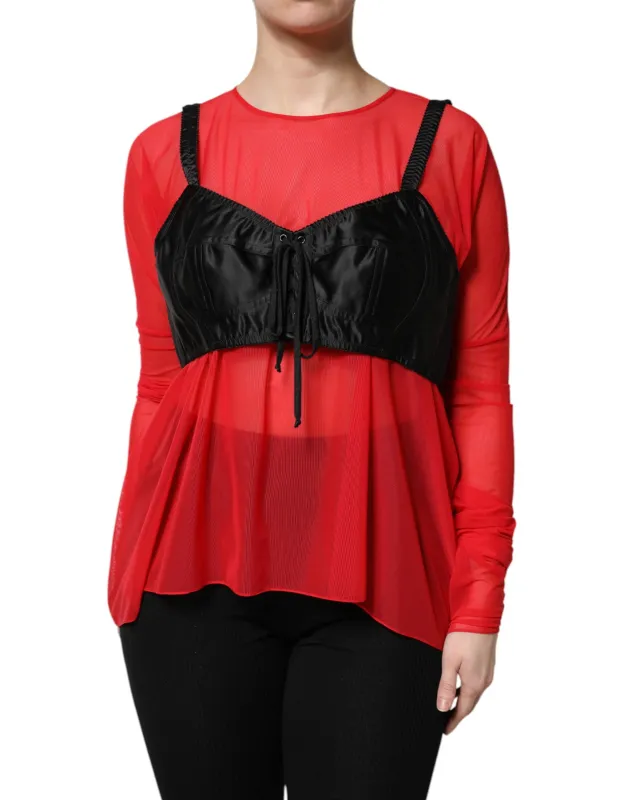 Red Black Bustier Detailing Long Sleeves Top sold by Lord & Taylor