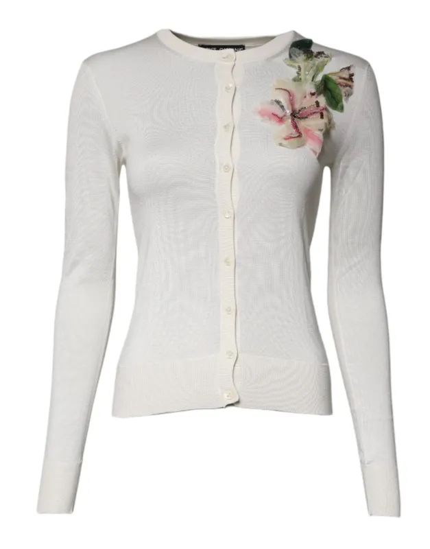 Cream Floral Silk Embellished Cardigan Sweater sold by Lord & Taylor