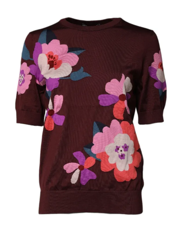 Maroon Floral Silk Crew Neck Blouse Top sold by Lord & Taylor