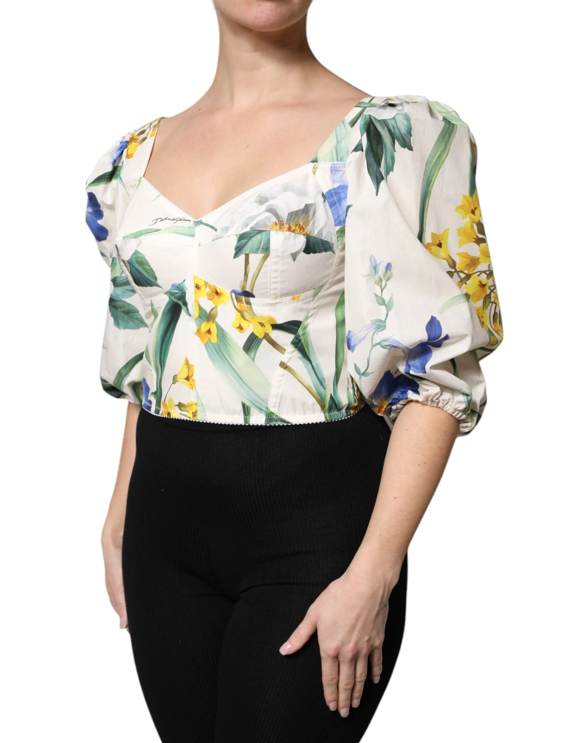 White Floral Puff Sleeves Crop Blouse Top sold by Lord & Taylor product image thumbnail 3