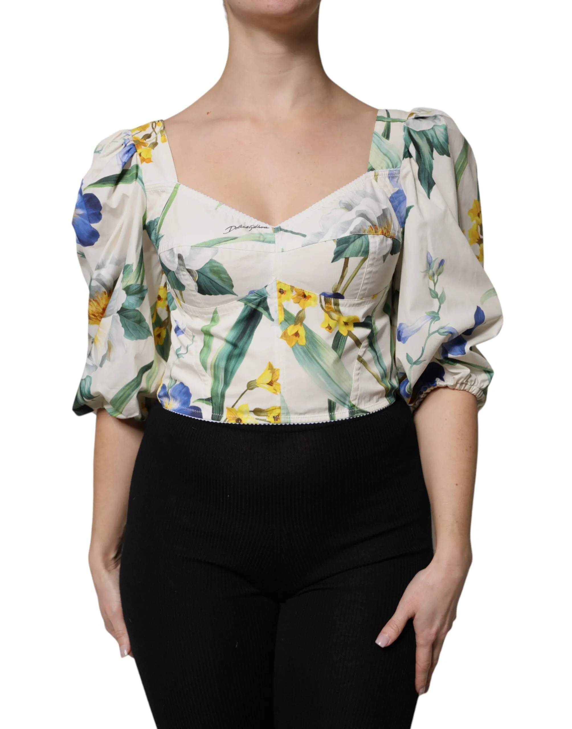 White Floral Puff Sleeves Crop Blouse Top sold by Lord & Taylor