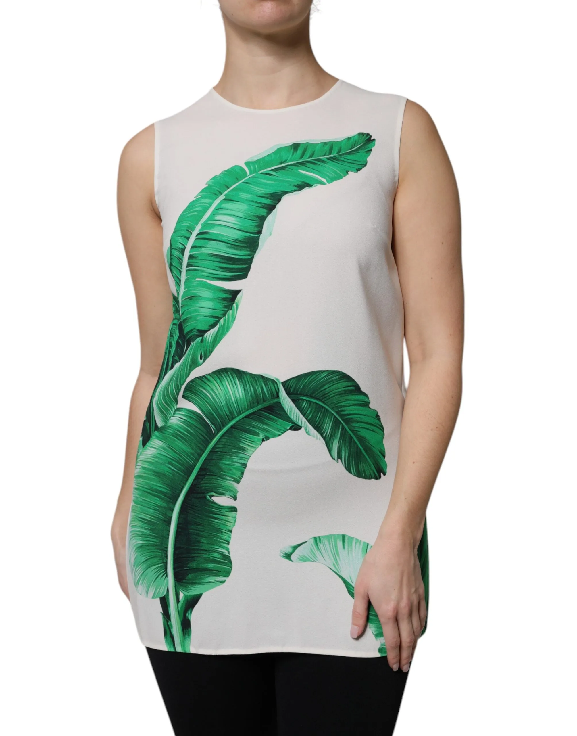 White Banana Leaf Print Round Neck Tank Top sold by Lord & Taylor