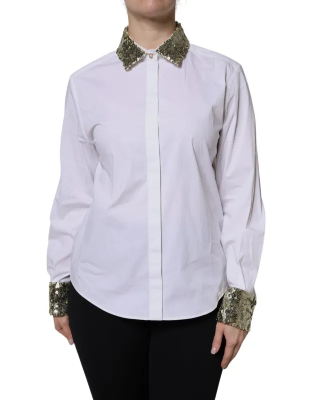 White Cotton Long Sleeves Sequin Shirt Top sold by Lord & Taylor