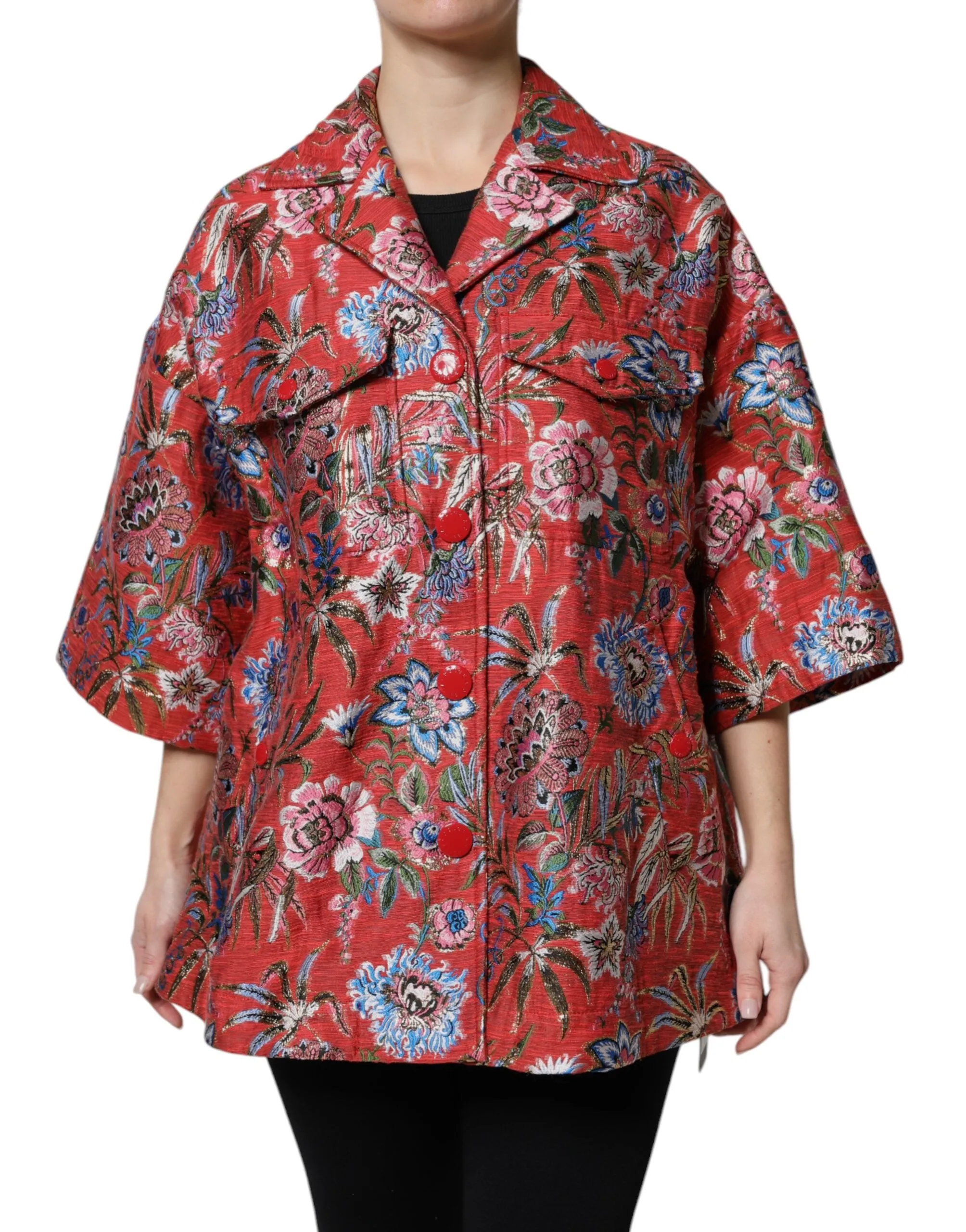 Red Floral Jacquard Button Down Coat Jacket sold by Lord & Taylor