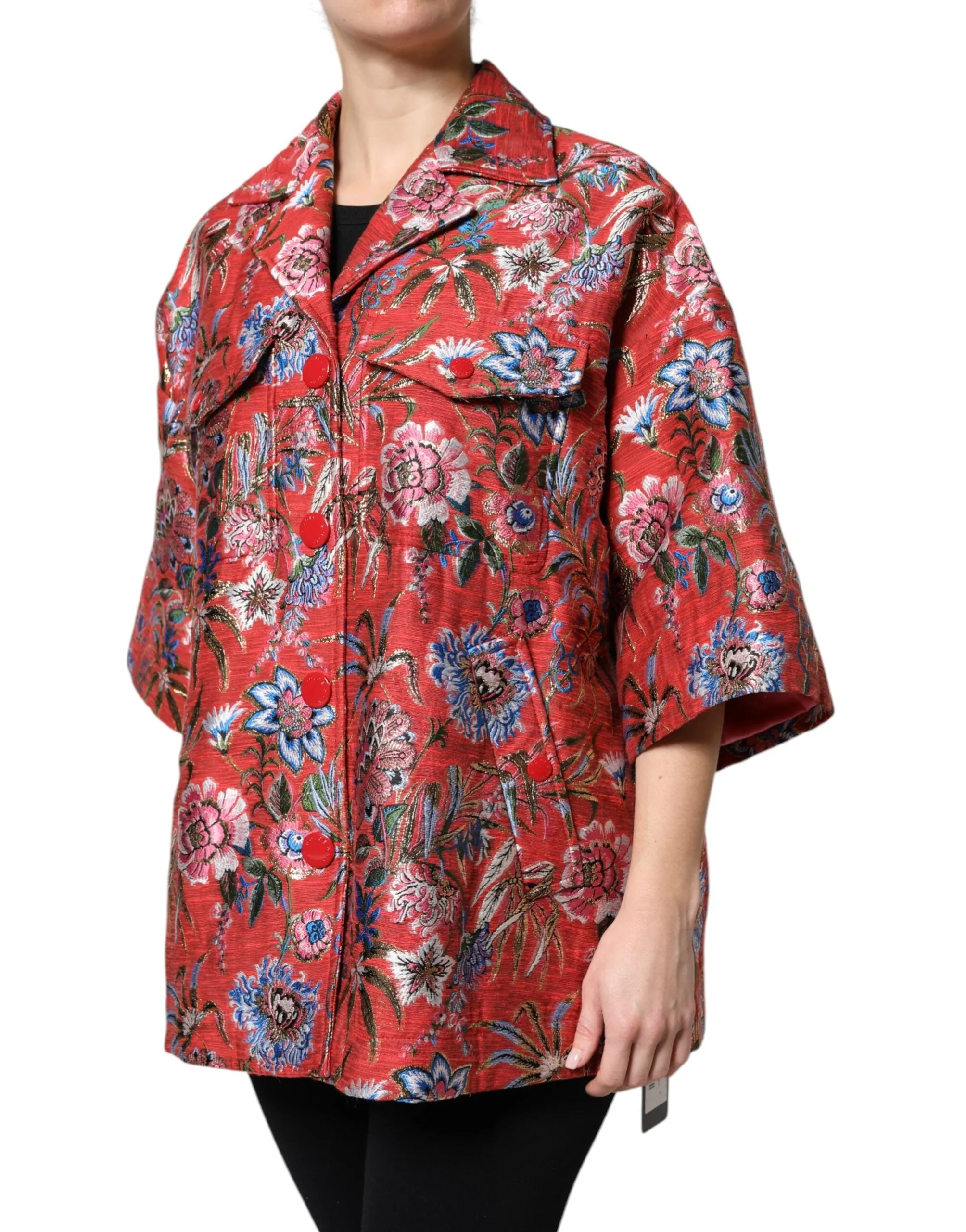 Red Floral Jacquard Button Down Coat Jacket sold by Lord & Taylor product image thumbnail 3
