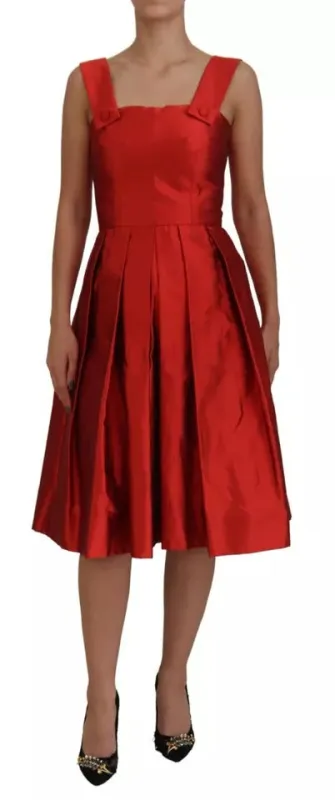 Red A-line Pleated Midi Satin Silk Dress sold by Lord & Taylor