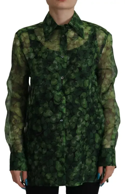 Green Clover Print Long Sleeves Collared Top Blouse sold by Lord & Taylor