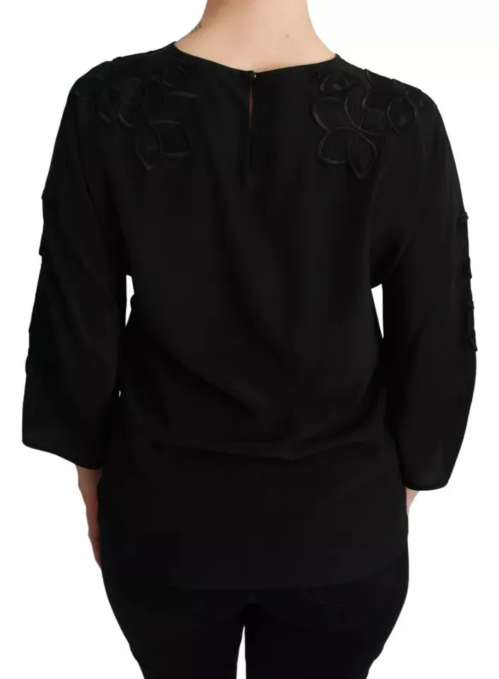 Black Floral Embroidered Blouse Silk Top sold by Lord & Taylor product image thumbnail 4