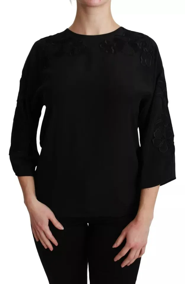 Black Floral Embroidered Blouse Silk Top sold by Lord & Taylor product image thumbnail 2