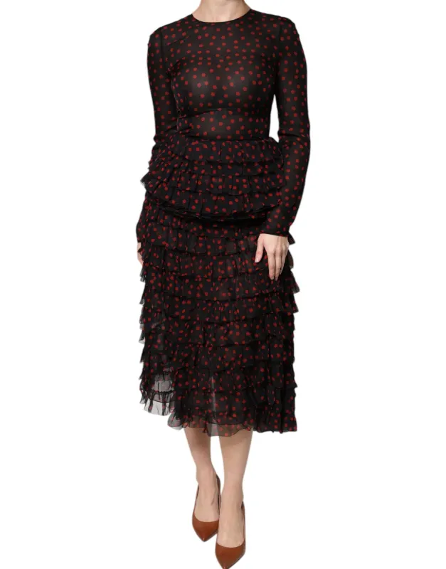 Black Red Polka Dot Silk Layered Midi Dress sold by Lord & Taylor