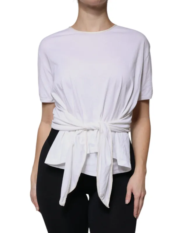 White Cotton Silk Round Neck Wrap Blouse Top sold by Lord & Taylor
