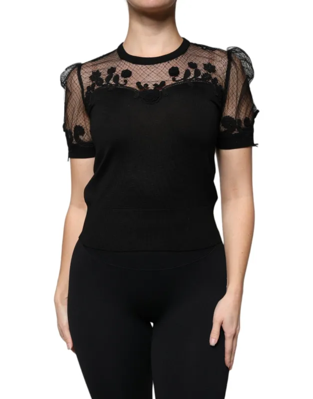 Black Floral Lace Short Sleeves Blouse Top sold by Lord & Taylor