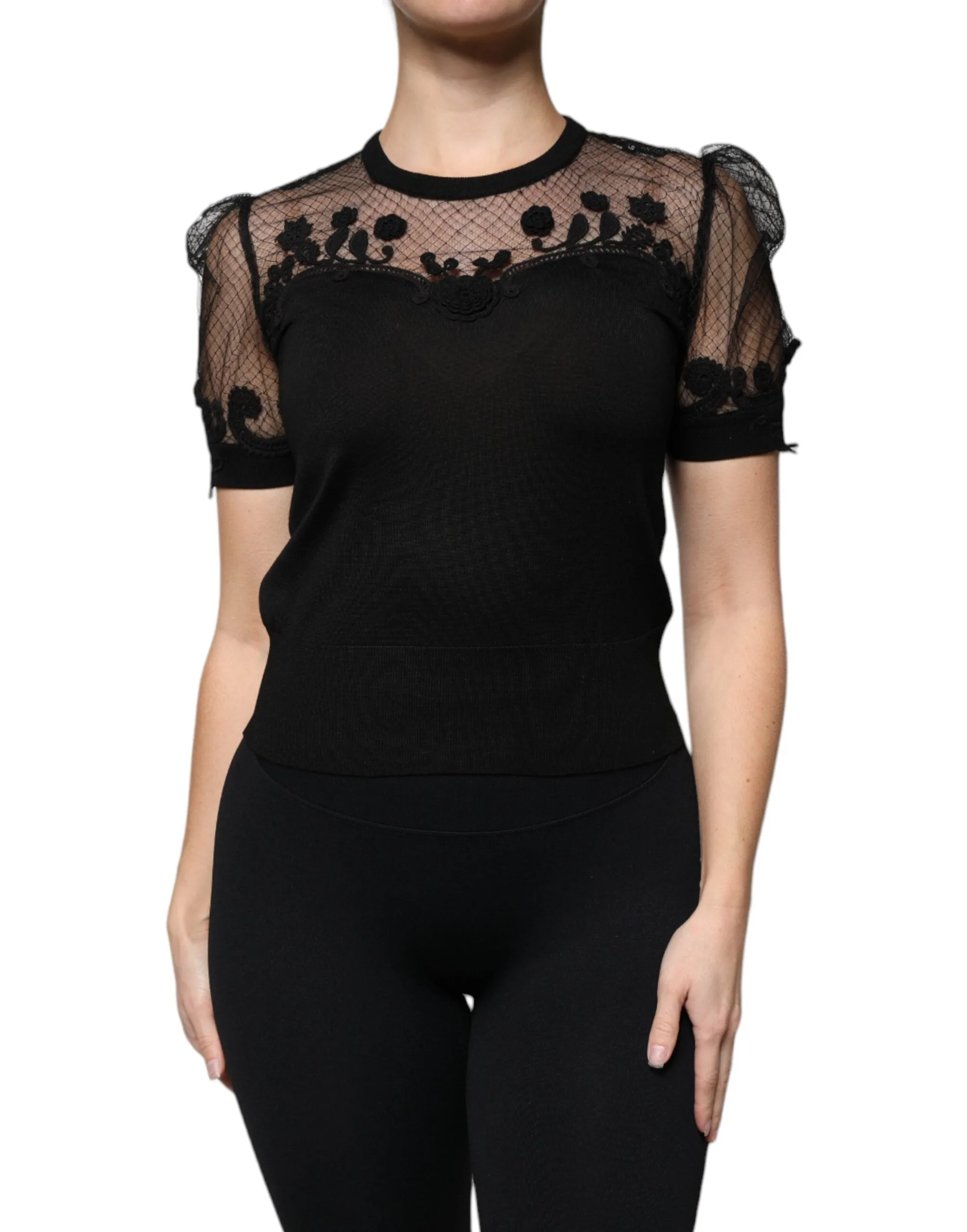 Black Floral Lace Short Sleeves Blouse Top sold by Lord & Taylor product image thumbnail 2