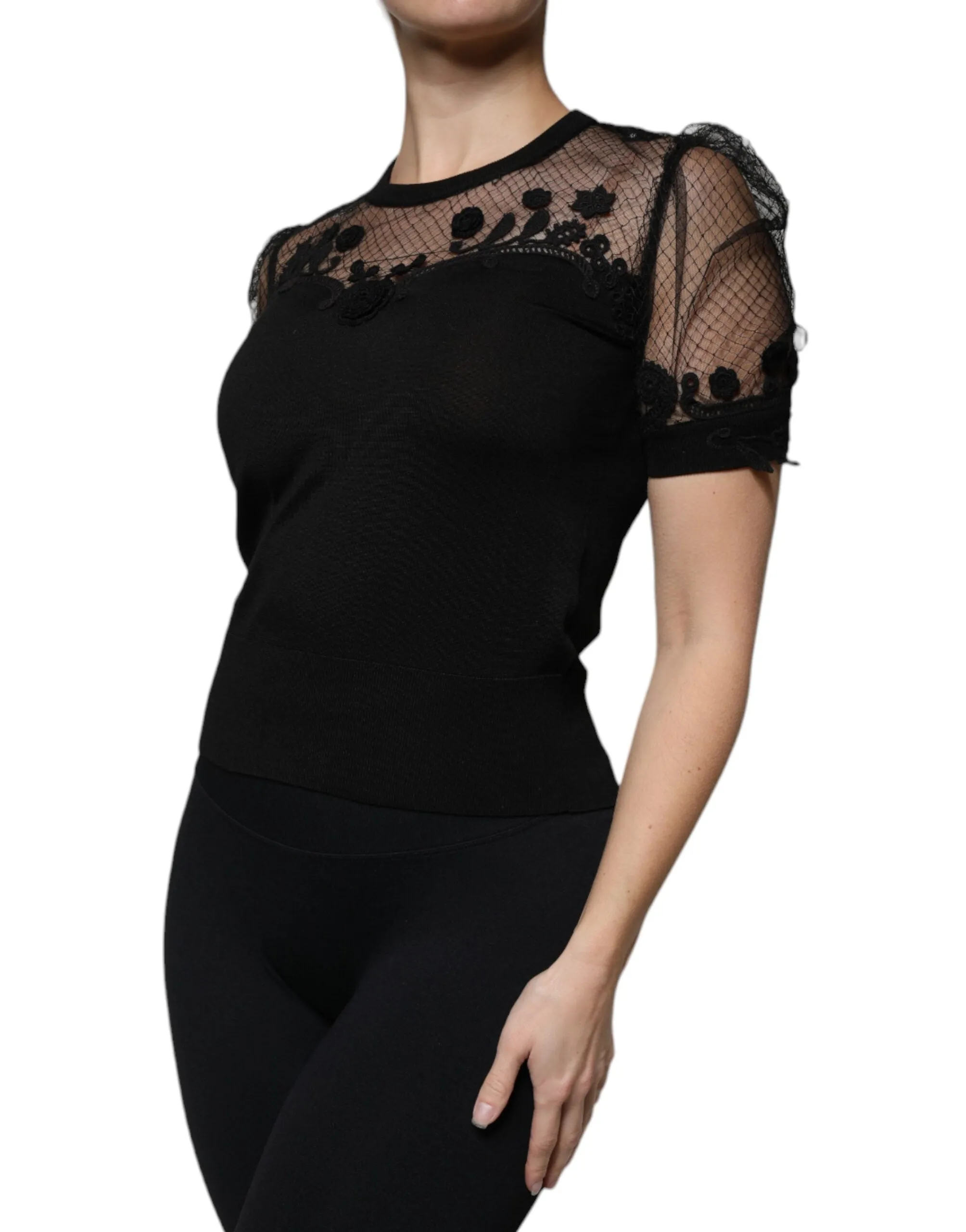 Black Floral Lace Short Sleeves Blouse Top sold by Lord & Taylor product image thumbnail 3