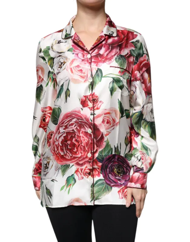 White Peony Silk Long Sleeves Collared Blouse Top sold by Lord & Taylor