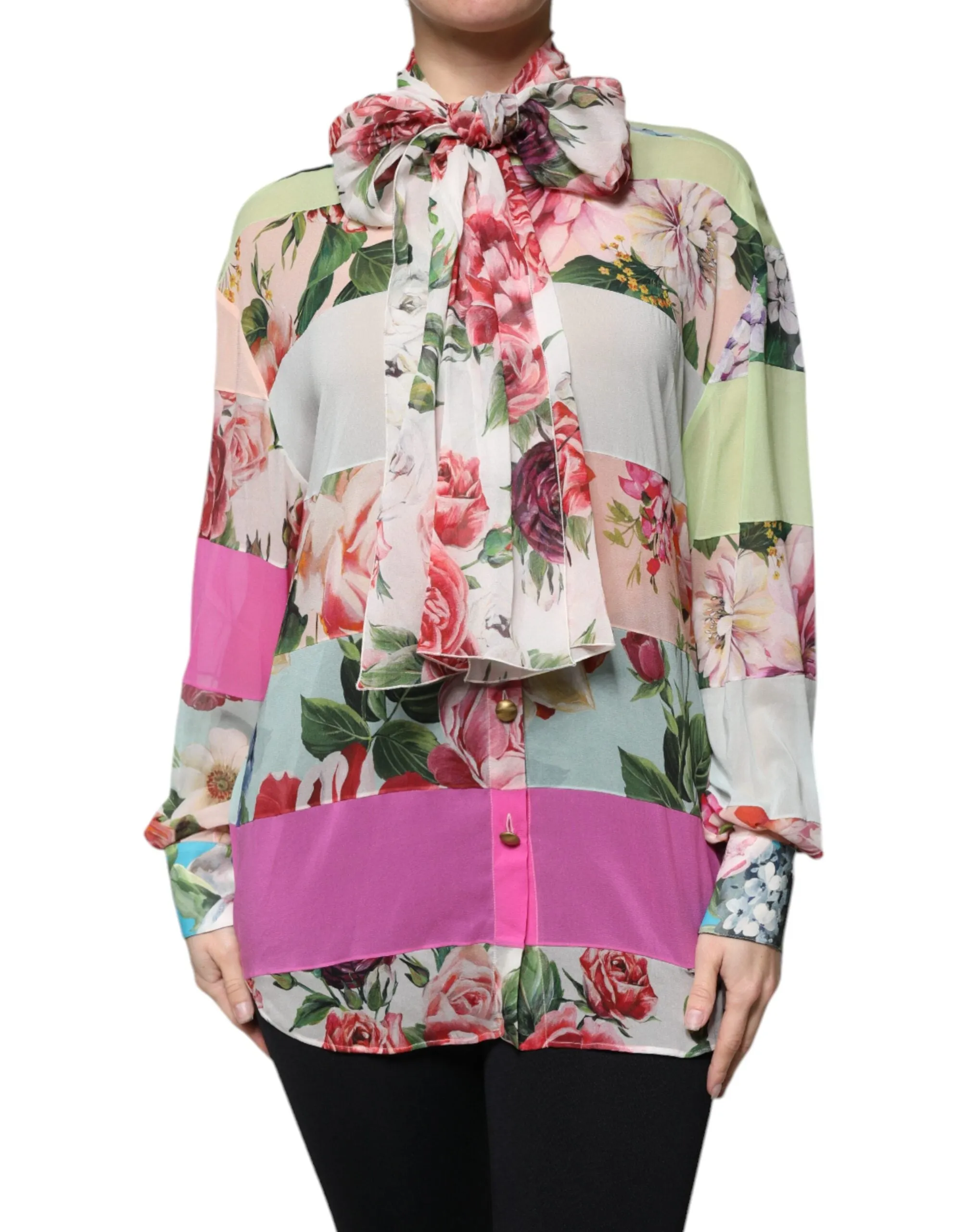 Multicolor Floral Patchwork Ascot Collar Top sold by Lord & Taylor