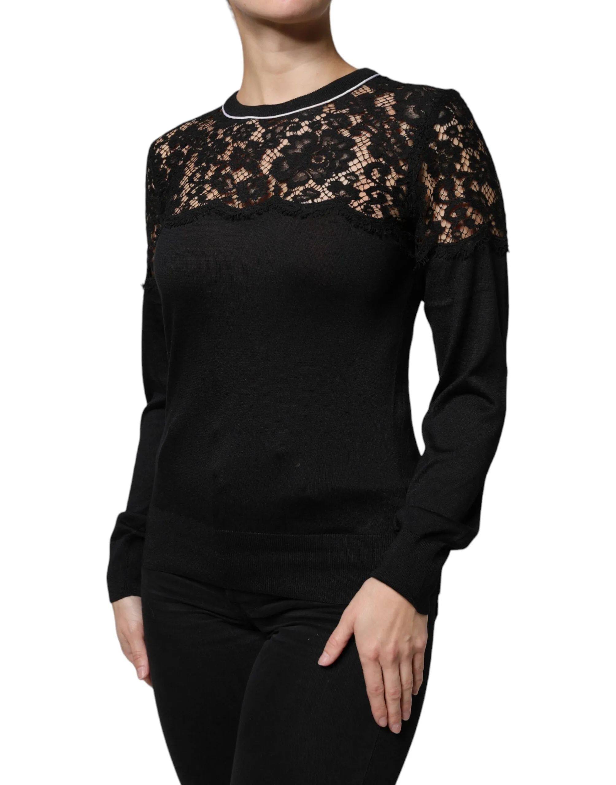 Black Floral Lace Silk Pullover Blouse Top sold by Lord & Taylor product image thumbnail 3
