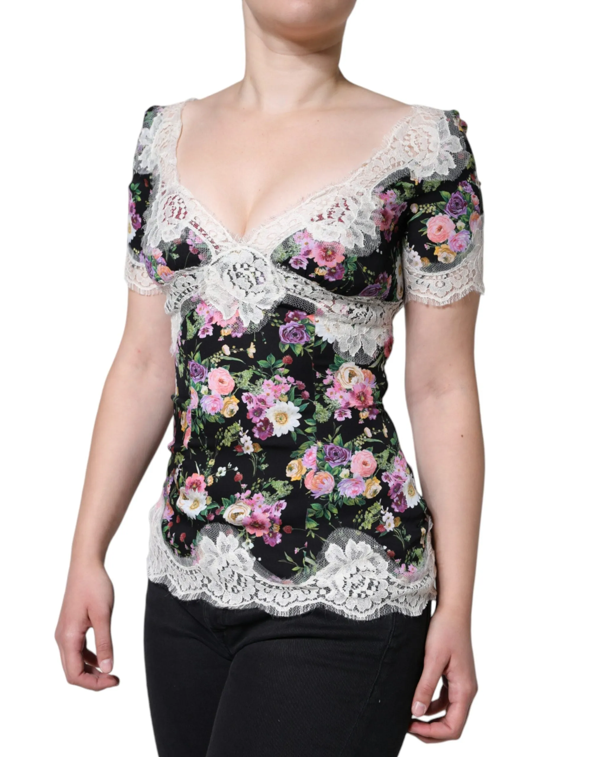 Black Floral Lace Short Sleeves Blouse Top sold by Lord & Taylor product image thumbnail 3