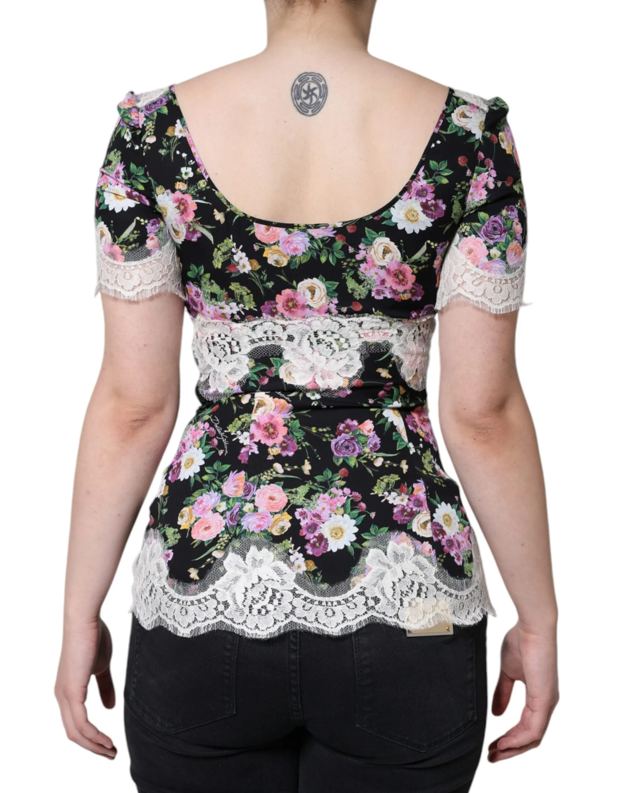 Black Floral Lace Short Sleeves Blouse Top sold by Lord & Taylor product image thumbnail 4