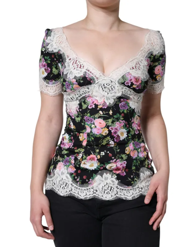 Black Floral Lace Short Sleeves Blouse Top sold by Lord & Taylor