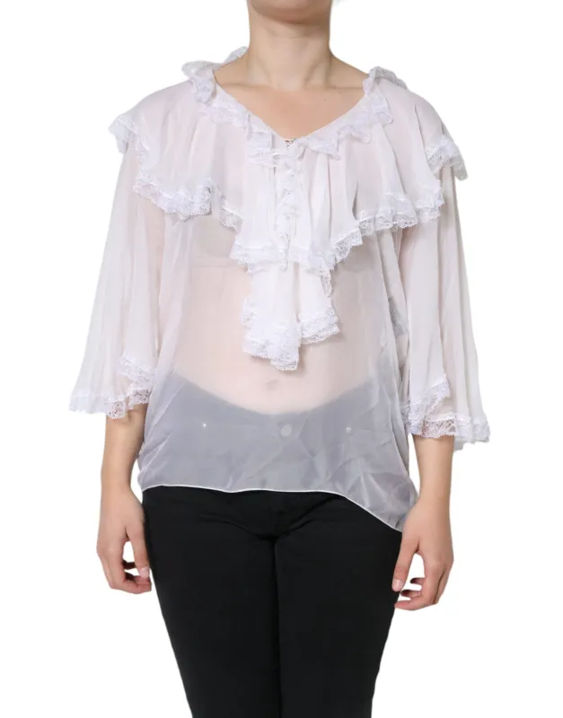 White Ruffles Lace Long Sleeve Blouse Top sold by Lord & Taylor