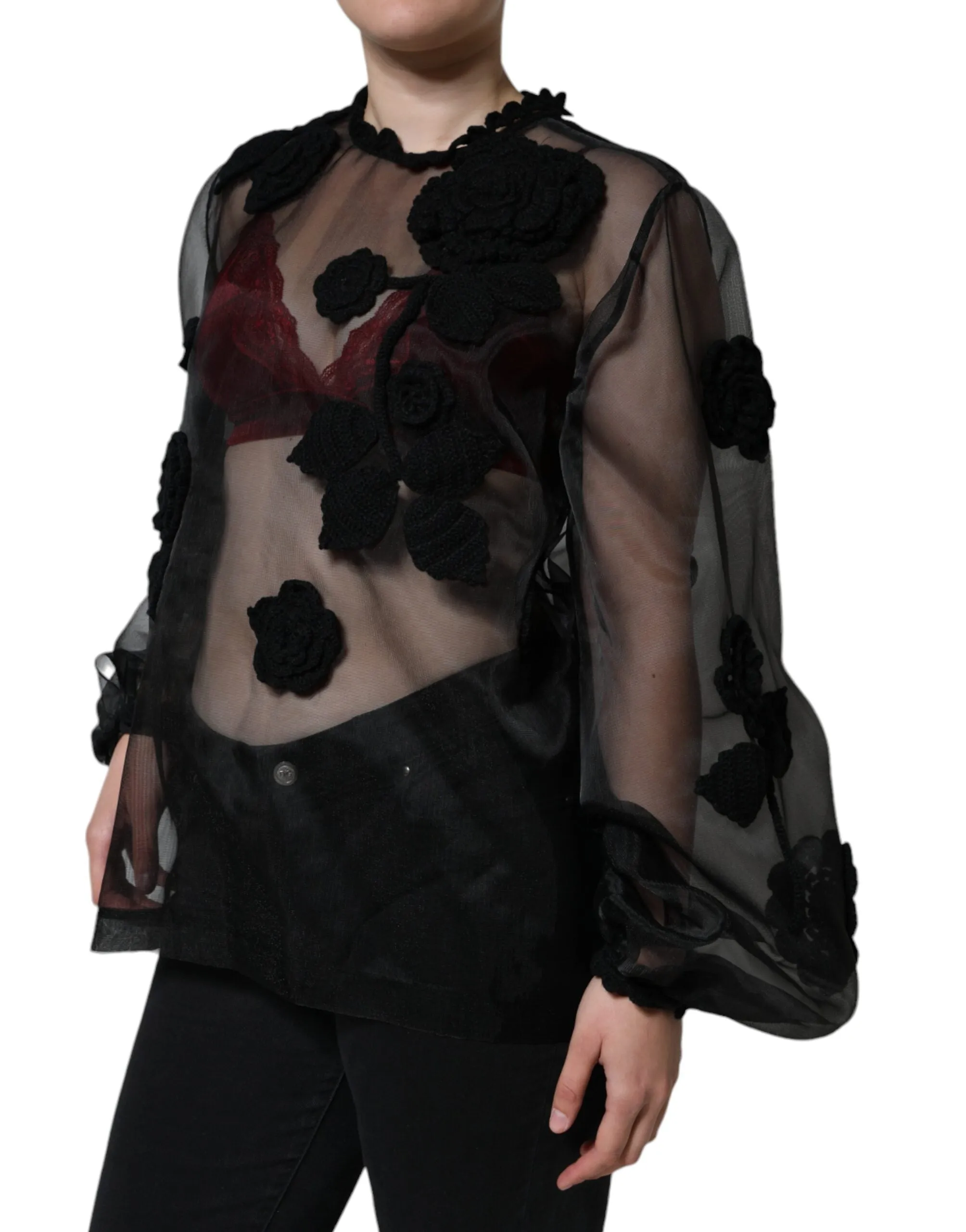 Black Nylon Mesh Transparent Floral Blouse sold by Lord & Taylor product image thumbnail 3