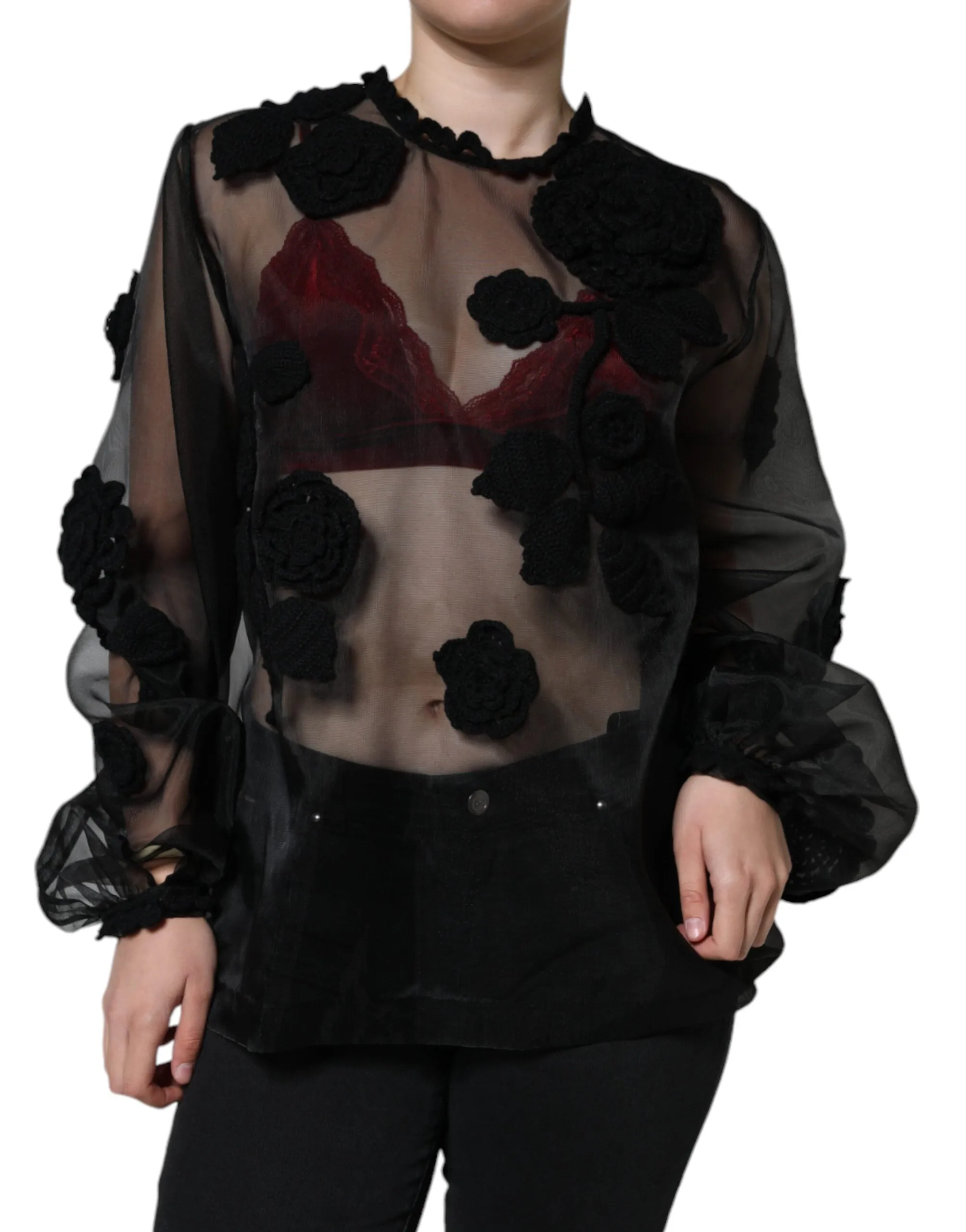 Black Nylon Mesh Transparent Floral Blouse sold by Lord & Taylor