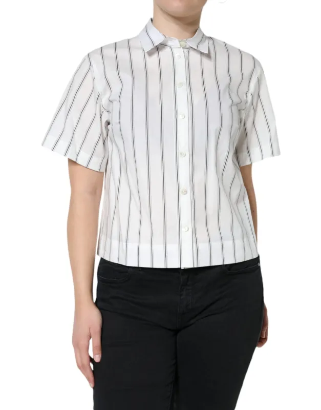 White Striped Collared Short Sleeve Polo Top sold by Lord & Taylor